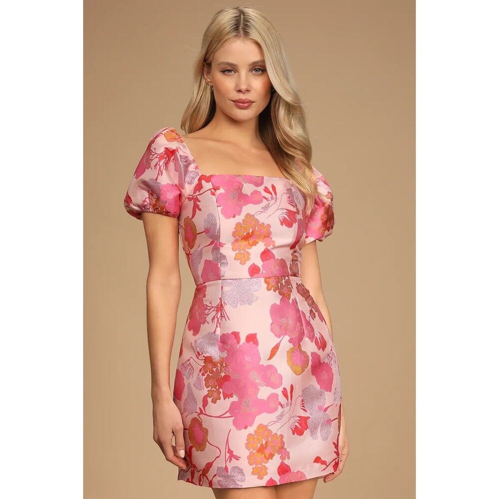 Lulu's Pink Floral Puff-Sleeve Mini Dress - Picture 3 of 13